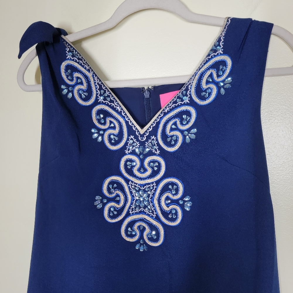 Lilly Pulitzer Penelope Shift Dress Navy Embellished Neckline Size 8 - Picture 3 of 7